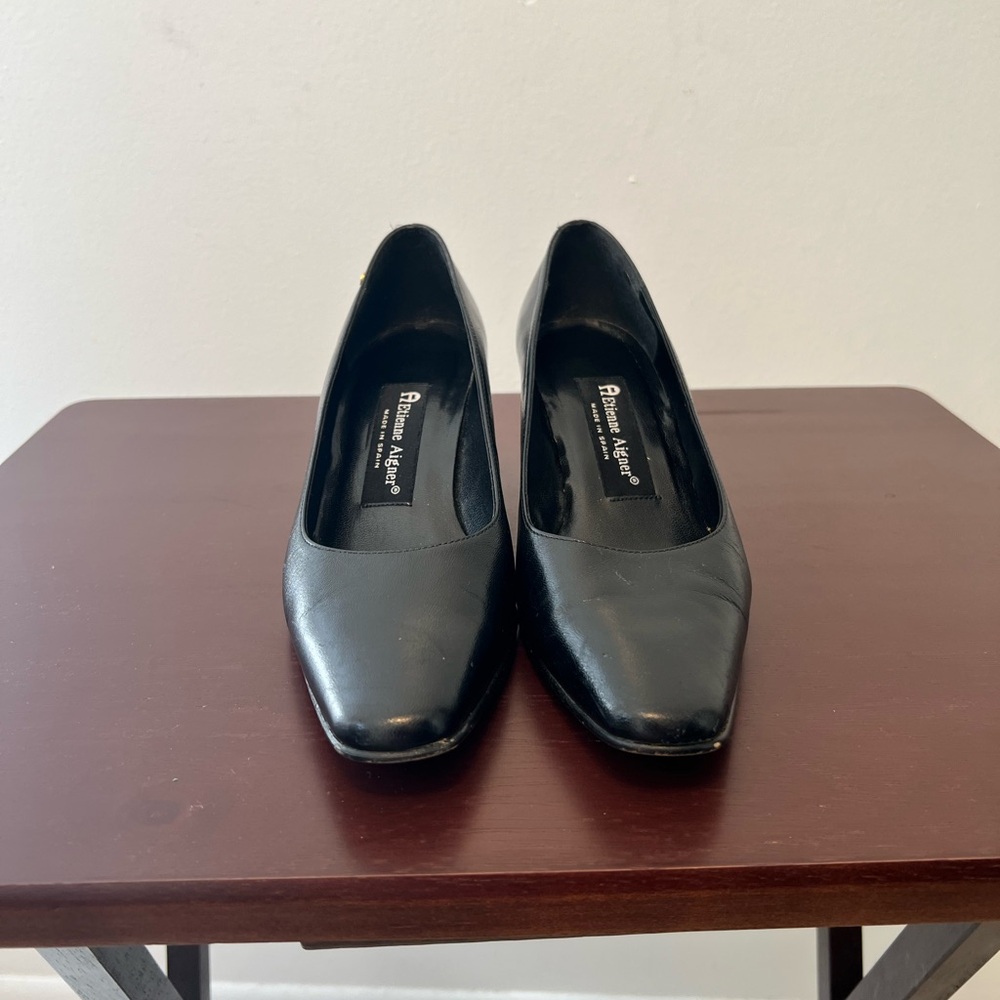 Etienne Aigner Black Leather Square Toe Slip On Block Heel Pumps Size 6.5M